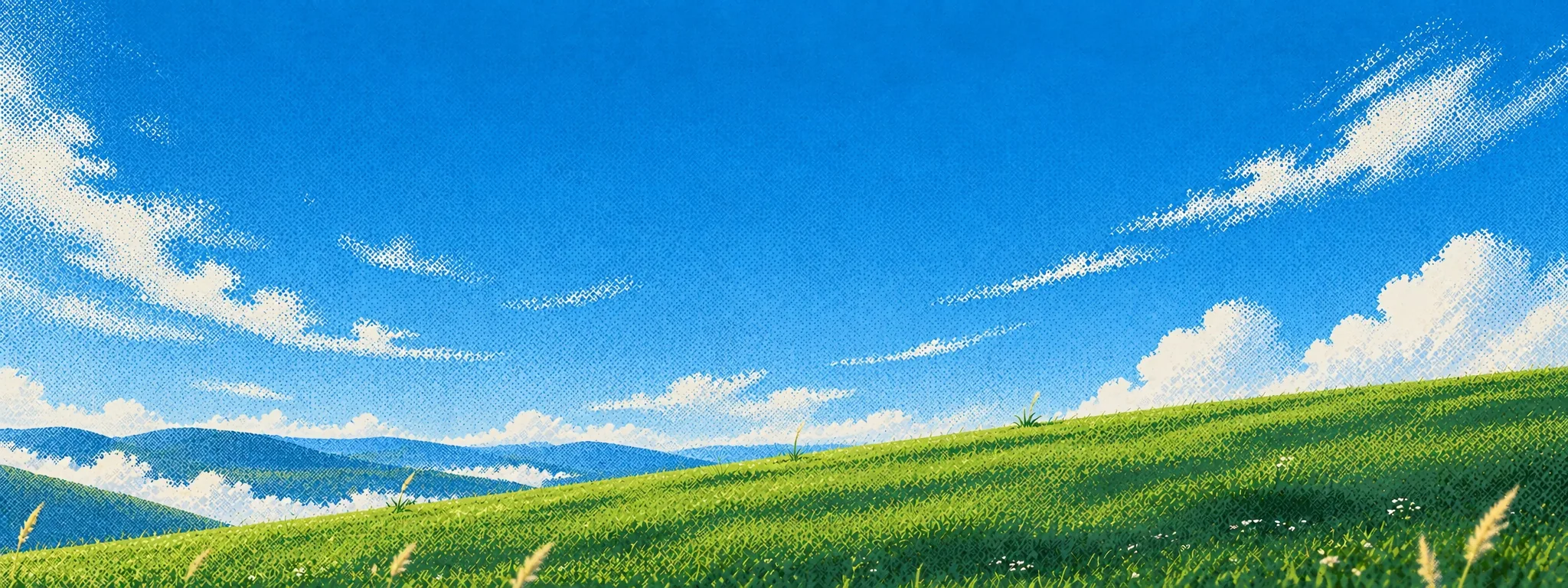 Colline verte sous un ciel bleu avec des nuages, illustration d'accueil de Sauror