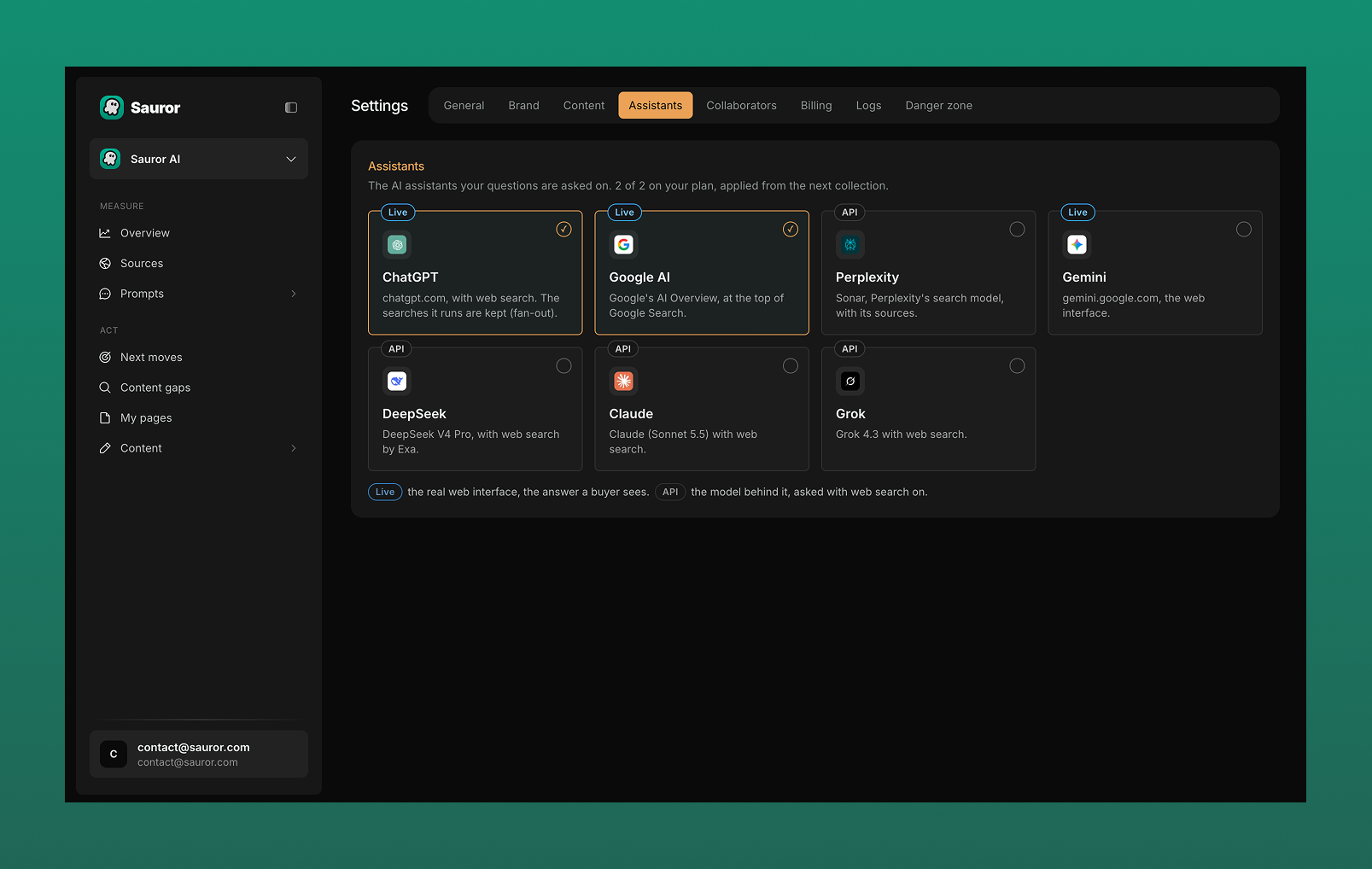 Sauror AI Settings, Assistants tab: ChatGPT, Google AI, Gemini (Live) and Perplexity, DeepSeek, Claude, Grok (API)