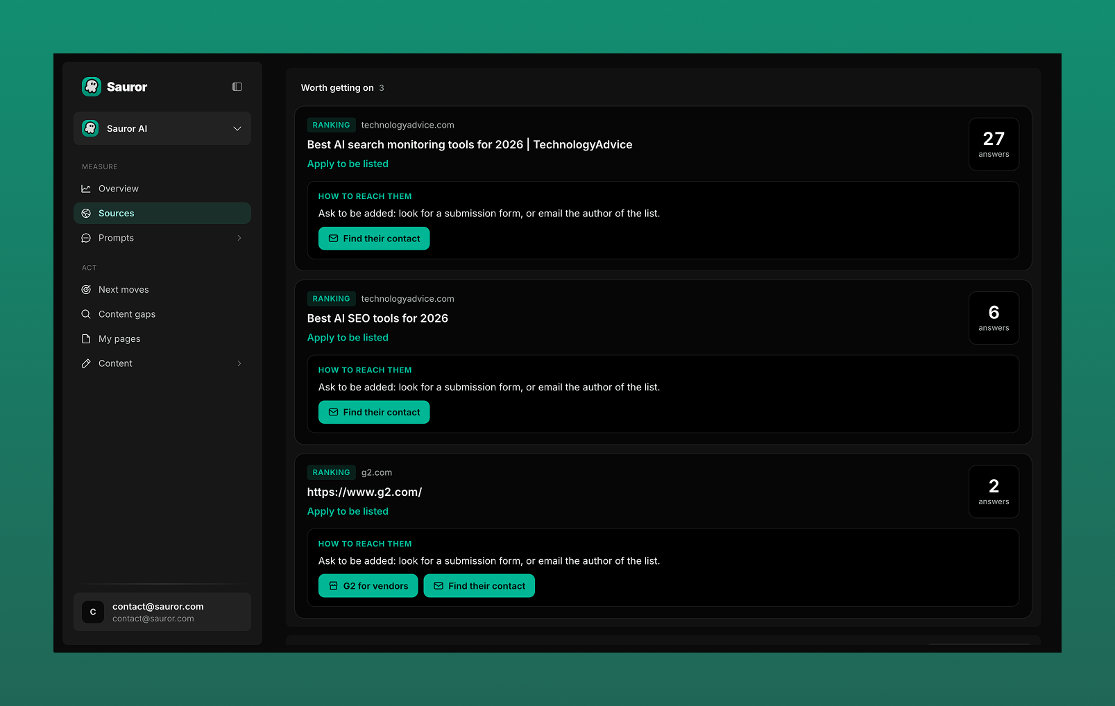 Sauror AI Sources screen, Worth getting on: ranking pages cited by AI assistants, number of answers and How to reach them actions